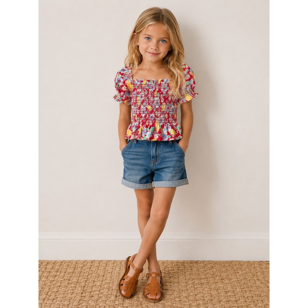 Polo Ralph‎ Lauren Girls Smocked Peplum Top Size 6 Red Floral Fruit Boho Print